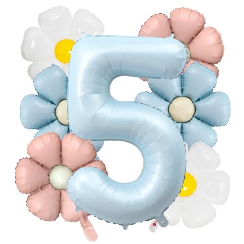 Ballon hélium chiffre 5 bleu pour déco anniversaire marguerite fille 5 ans et fête fleurie