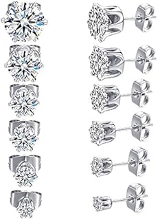 YUESUO 6 Pairs Stainless Steel Hypoallergenic Silver Diamond Stud Earrings for Women Men, CZ Cubic Zirconia Simulated Diamond Sparkly Stud Earring 3, 4, 5, 6, 7, 8mm