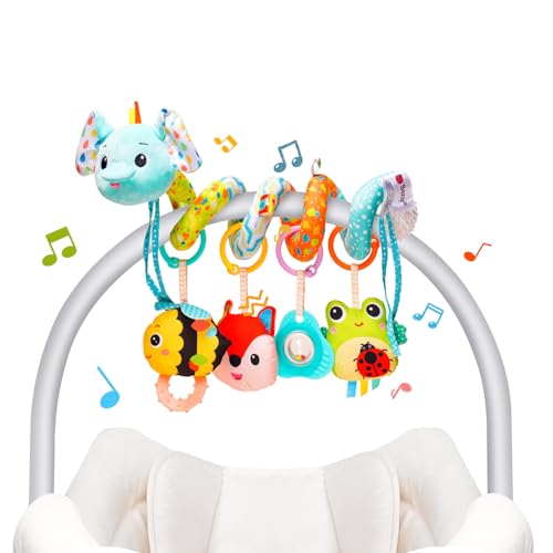 Image of Koty Car Seat Toys, Cute Elephant Car Seat Toys for Babies 0-6 Months Boy, Stroller Toys with Crinkle, Teether, Music Box, Rattle, BB Squeaker for 0 3 6 9 12 Months Babies Infant Boys Girls Gifts