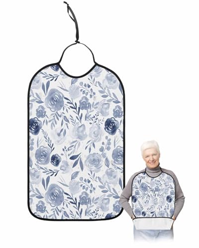 LEOKOTI Navy Blue Spring Floral Adult Bibs for Eating, Waterproof Bibs with Food Catcher & Adjustable Snap Closure, Watercolor Summer Botanical Washable Clothing Protectors Adult Bibs for Elderly