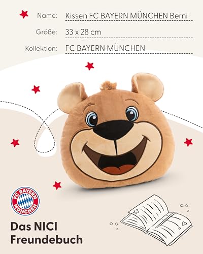NICI Kissen FC Bayern MÜNCHEN Berni 33x28cm - braun - Flauschiges Kuscheltierkissen für Kinder und Erwachsene, Plüschkissen ideal für Zuhause, Kindergarten oder unterwegs - 63176