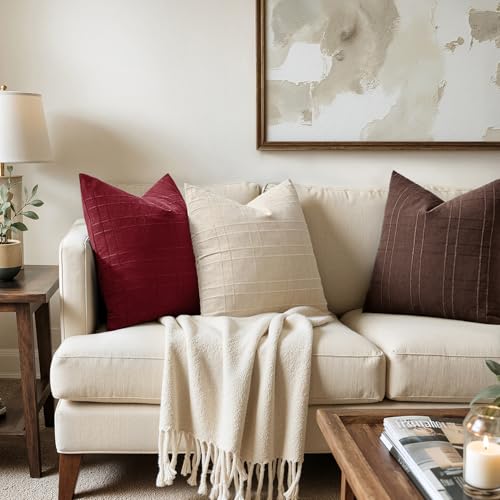 Image of MIULEE Linen Plaid Pillow Covers Christmas Decorative 20x20 Burgundy