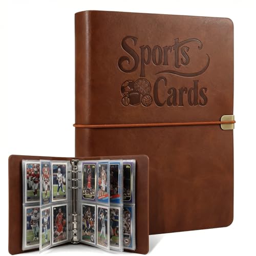 IdeaMarlle Leather Sports Card Binder with 200 Pockets 4-Pocket Double-Sided Trading Card Album with 25 Sleeves 6-Ring Card Collection Folder for Baseball Football Basketball Cards