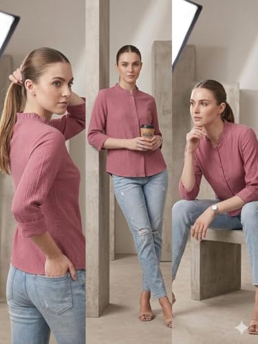 Image of Messica Women Brown Solid Cotton Blend Knitted Top | Ruffle Neck | 3 /4 Sleeve | Regular Fit Casual Office Wear Top