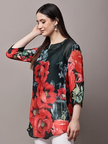 Image of Women's Pink Printed Short Kurti with Lace Trim, 3 /4 Sleeves, Ethnic Indian Style Top