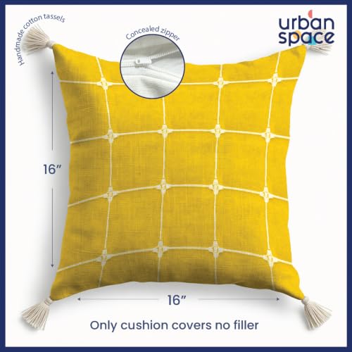 Image of Urban Space Decorative Cotton Cushion Cover Set of 3, 16 Inch X 16 Inch Cushion Covers for Sofa, Bedroom, Living Room (Aura Checks Yellow with White Tassel + Aster Yellow, 40Cm X 40Cm, Set of 3)