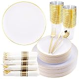 LUODA 350PCS Gold Plastic Plates, Gold Disposable Dinnerware Sets, Include: 50 Dinner Plates, 50 Sal
