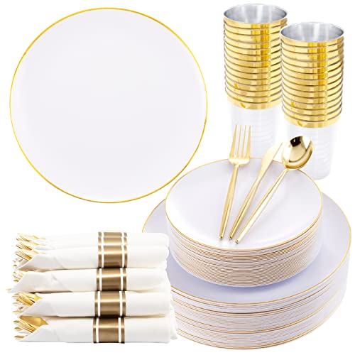 Luoda 350Pcs Gold Plastic Plates, Gold Disposable Dinnerware Sets, Include: 50 Dinner Plates, 50 Salad Plates, 50 Pre-Rolled Napkins With Gold Plastic Silverware And 50 10Oz Gold Plastic Cups #TOP19