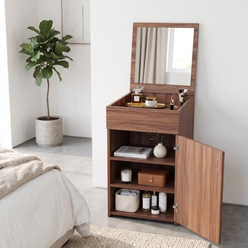 Image of FURNIFLIX Engineered Wood Home Dressing Table with Mirror and Storage Vanity Unit for Bedroom Living Room (Walnut Finish)