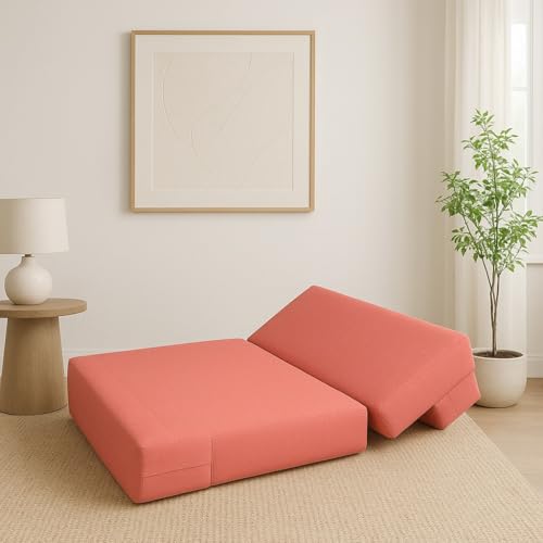 Image of PUM PUM 2-Seater Sofa Cum Bed | EPE Foam Foldable Couch with Velvet Fabric & Washable Cover | Convertible Sofa Bed for Home, Living Room & Office Guests | 3 x 6 Ft (Peach)