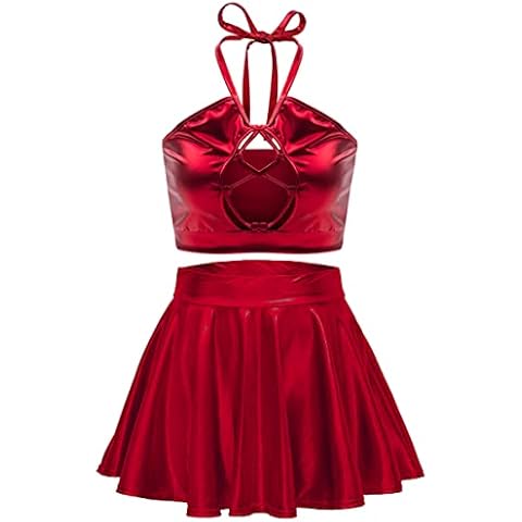 SFBBCLOZ Women's Wet Look Outfits Shiny Metallic PU Halter Top Mini Skirt Set Schoolgirl Skater Skirts Clubwear Rave Outfits, Red, Medium Cover