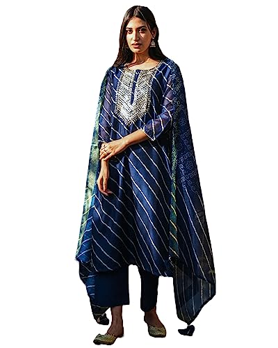 GoSriKi Women's Cotton Blend Straight Printed Casual Style Kurta With Pant & Dupatta