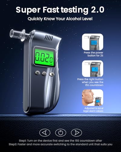 Breathalyzer | Professional-Grade Accuracy Breathalyzers for Alcohol with Used Records | Portable Alcohol Tester for Personal & Professional Use with Easy USB-C Charging(10 Mouthpieces) (Silver Gray)
