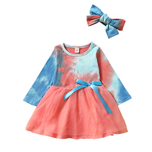 Toddler Kids Girls Fall Jersey Dress Long Sleeve Tie-Dye Tulle Cap Tutu Dresses Outfit (Pink, 4-5T)