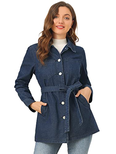 Allegra K Women's Casual Jean Jackets Long Sleeves Tie Waist Button Down Denim Jacket