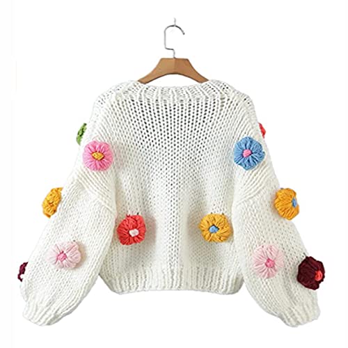 Cropped Cardigans For Women Y2K Knitted Cardigan 3D Embroidery Knit Crop Top Open Front Chunky Knit Cardigan (Daisy White, One Size) #TOP1
