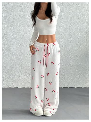 Women's Cherry Graphic Lounge Pants Y2k Fuzzy Drawstring Waist Straight Leg Casual Trousers3