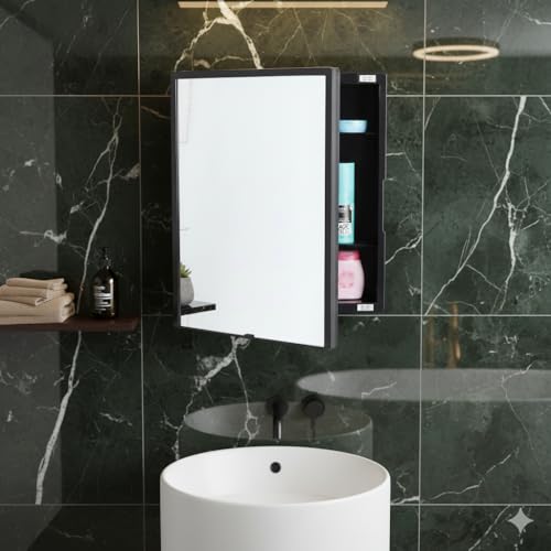 Image of CIPLA PLAST New Rich Look Bathroom Cabinet with Mirror | Storage Organiser | Strong Plastic Bathroom Shelves Wall Mounted | Bathroom Accessories| Mirror Cabinet (Black)