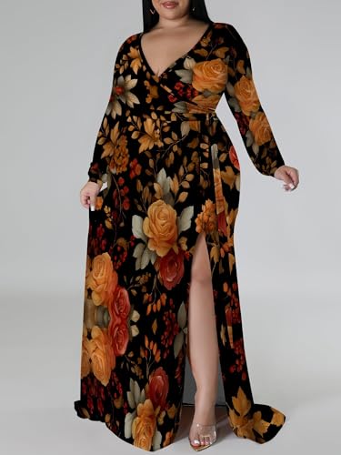 Image of PinkPatty Women's Plus Size Long Sleeve Maxi Dress Casual V Neck Slit Tie Waist Wrap Dresses for Party Cocktail