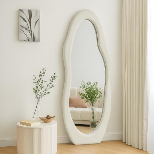 CROWNSHOP Full Length Mirrors - 160x60cm Irregular Modern Full Body Mirror Standing | Long & Large Dressing Floor Mirror for Bedroom, Hallway & Living Room, White - Cosy Home Interiors CROWNSHOP Full Length Mirrors - 160x60cm Irregular Modern Full Body Mirror Standing | Long & Large Dressing Floor Mirror for Bedroom, Hallway & Living Room, White