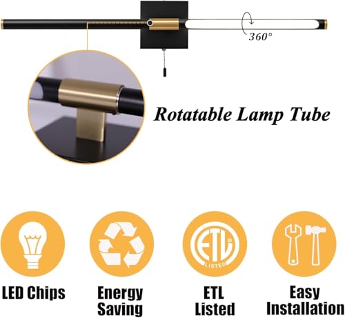 Image of 24 Inch Black and Gold Bathroom Vanity Light with Pull Chain Switch, Modern Over Mirror Wall Sconces Lighting, 6000K 360 Bath Light Fixture with Adjustable Lamp Tubes