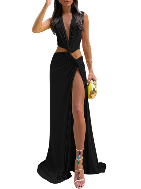 Vestiti da Donna Sexy Vestito con Scollo a V Senza Manica Maxi Abiti Casual Tinta Unita Abito da Spiaggia con Alto Slitt Crisscross Dress