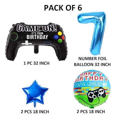 Image of 6 Pcs Game on Birthday Decoration 7th Birthday Decoration for Boys Gaming Theme Birthday Decoration Seventh Birthday Decorations Boy Game Theme Balloons (Pack of 6, Multicolor)