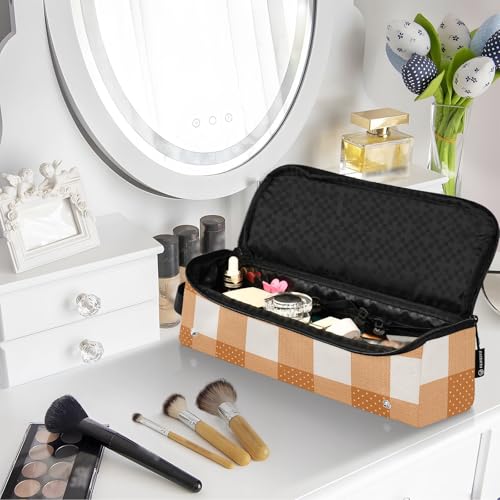 Bolso de viaje para herramientas de cabello para mujer con tapete removible resistente al calor, organizador para plancha y accesorios de cuidado capilar, diseño clásico de cuadritos con topos miniatura 7