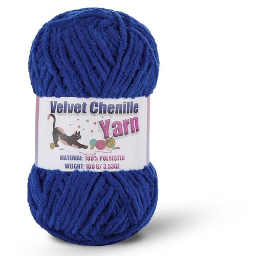 Image of Fluffy Chenille Yarn for Crocheting, Chunky Velvet Yarn for Crochet Amigurumi, Used for Making Baby Yarns Blanket, Clothes, Pattern Knitting Creations (1-Sapphire Blue)