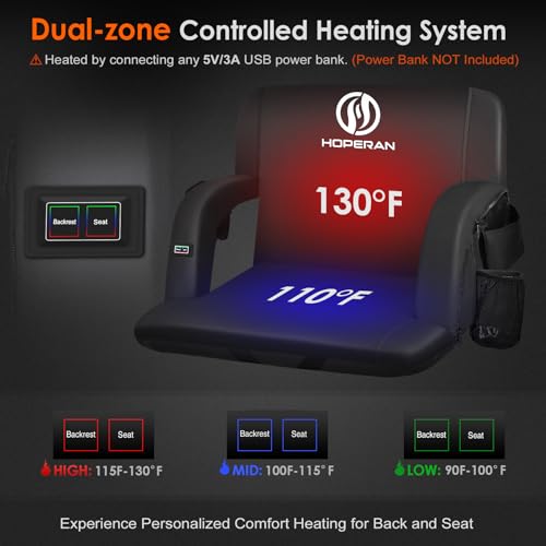 HOPERAN 25\" 2pcs Heated Stadium Seats for Bleachers with Back Support, 3 Levels Heated Bleacher Seat with Backrest, Portable Heated Stadium Chairs with Back and Cushion for Outdoor Games Sports