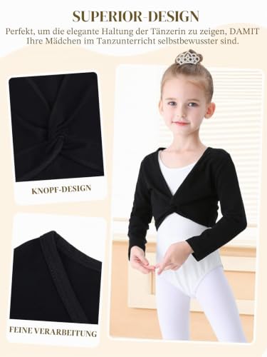 Soudittur Ballettjacke Mädchen Langarm Weichem Baumwollstoff Wärmende Ballettkleidung für Kinder (Schwarz, 135-145)
