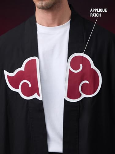 Image of The Souled Store Naruto: Akatsuki Kimono Men and Boys Short Sleeve Spread Collar Black Embellished Anime Inspired Drop Shoulder Streetwear Casual Cotton Oversized Shirt