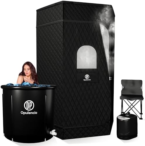 Opulencio Home Sauna with Ice Bath - Spacious Portable Sauna Box with Cold Plunge Tub, Portable Steam Sauna Tent with 3L Steamer, Fast Heating with 9 Levels, Chair, Remote, 5.9
