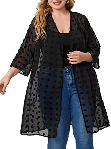 Romwe Women's Plus Size Floral Print Sheer Chiffon Loose Kimono Cardigan Capes Black Swiss dots 3XL