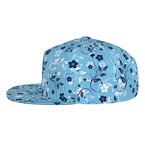 Quzioxe Blue Floral Flat Bill Brim Cap Hip Hop Hat Baseball Cap For Men Women Adjustable Square Flat Visor Back Trucker Snapback Hat #TOP2