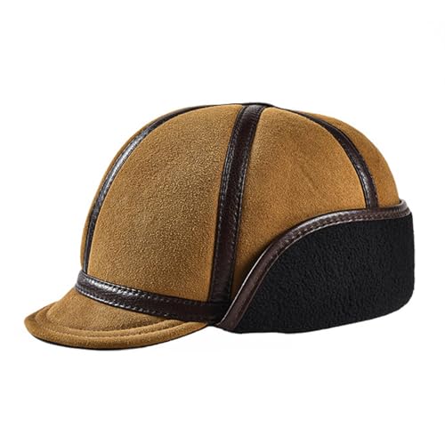 Reyox Men's Sheepskin Baseball Cap, Winter Hat with Visor, Warm Earflaps Trapper Hat Khaki X-Large