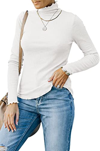 Trendy Queen Camisas de manga larga con cuello alto para mujer, moda de otoño 2022, básicas, ajustadas, suaves, térmicas, ropa interior, Blanco, X-Large