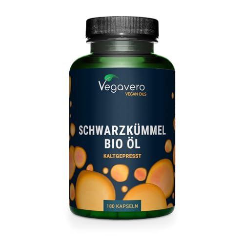 Bio Schwarzkümmelöl Kapseln | Keine Gelatine | 1000 mg ägyptisches Öl | Linolsäure + Thymoquinon | Deutsche Produktion von Vegavero | Nigella sativa | 180 Stück