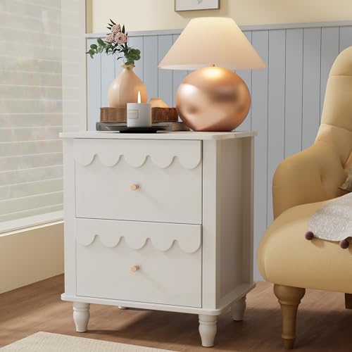 White Nightstand Side End Table with 2 Drawers, Modern Wood Night Stand with Petal...