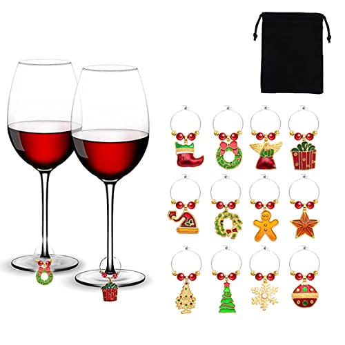 DXYSQRX 12 Piece Christmas Wine Glass Charms, Holiday Wine Charms for Stem Glasses with Festive Designs for Holiday Party Dinner Party Family Gathering