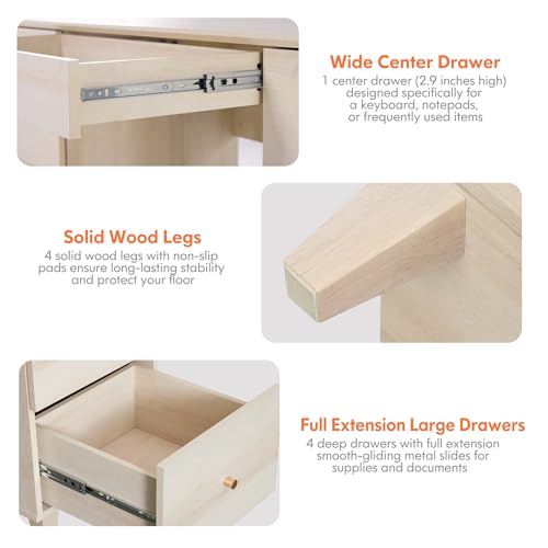 Image of WAMPAT 58 Inch Wood Desk with 4 Deep Drawers & Charging Station, Light Oak | Modern Executive Desk with Keyboard Storage Drawer, Home Office Large Wooden Computer Desk, Work & Study Writing Desk