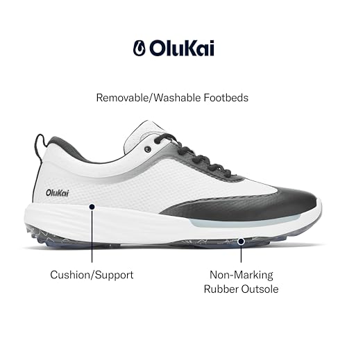 OLUKAI Makena Men's Golf Shoes, Superior Performance & Tour Professional Tested, High Cushioning & Support, All-Day Comfort, Bright White/Lava Rock, 114