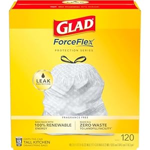 Glad Trash Bags, ForceFlex Tall Kitchen Drawstring Garbage Bags, 13 Gallon, Unscented, 120 Count.