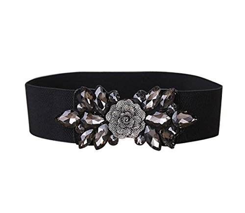 E-Clover Fashion Floral Rhinestone Buckle Women s Elastic Waist Cinch Belt for Dress for Waist Size 25  -32   (Black01)