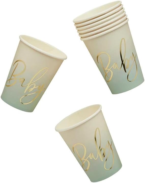 8 Sage Green Baby Cups, Baby Shower Party, Baby Shower, Green Christening Cups, Mum to Be Party Plates Tableware