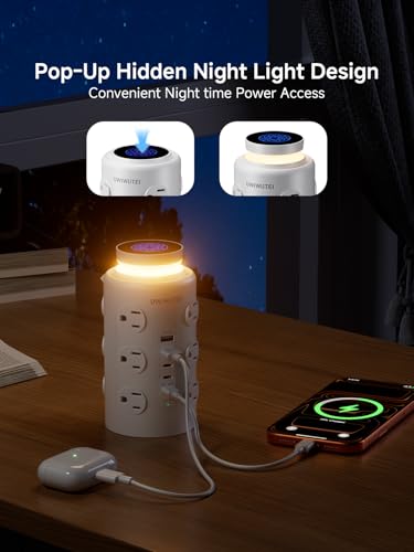 Image of Tower Power Strip Surge Protector with Wireless Charging & Night Light - PD20W Fast Charging Station,12 Outlets, 5 USB (3 USB-C),1800J Protection, 6FT Extension Cord, Home Office Essentials(White)