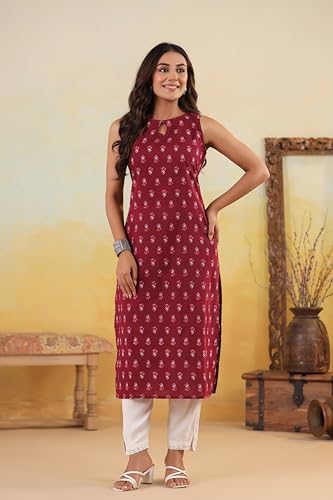 Image of Ichaa Women's All-Over Printed Sleeveless Kurta | Regular Fit Ethnic Kurta | Round Neck Straight Fit Kurta