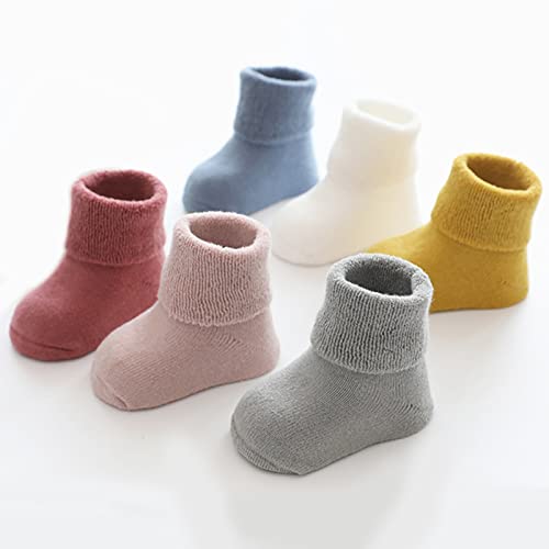 Ehdching 6 Pack Toddler Baby Girls Warm Thick Grips Socks Infant 0-3T Cotton Non Slip Turn Cuff Slipper Socks2