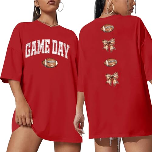 Game Day Shirt Women Oversized Football Shirts Coquette Bow Tshirt Causal Short Sleeve Tee Tops