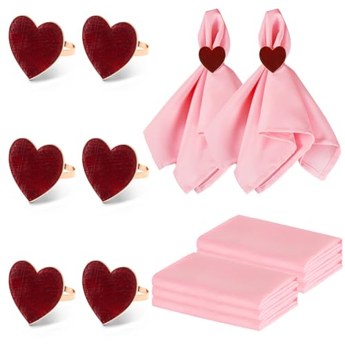 12 Pcs Valentine Napkin Rings and Valentine Cloth Napkins, Metal Heart Valentines Day Napkin Rings Holders Set of 6 & 6 Pcs Pink Napkins Cloth for Valentines Day Wedding Dinner Table Decor
